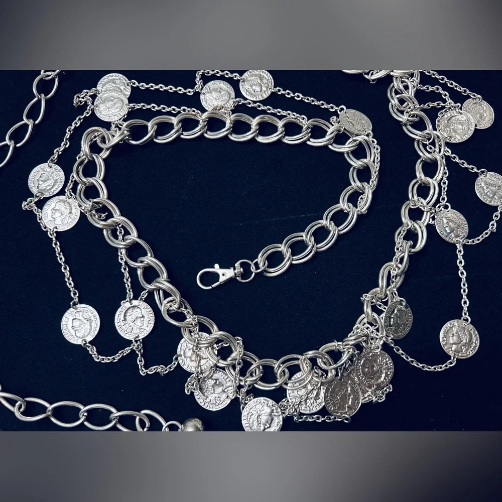 Vintage Silver Tone Coin Chain Link Belt - Picture 2 of 10